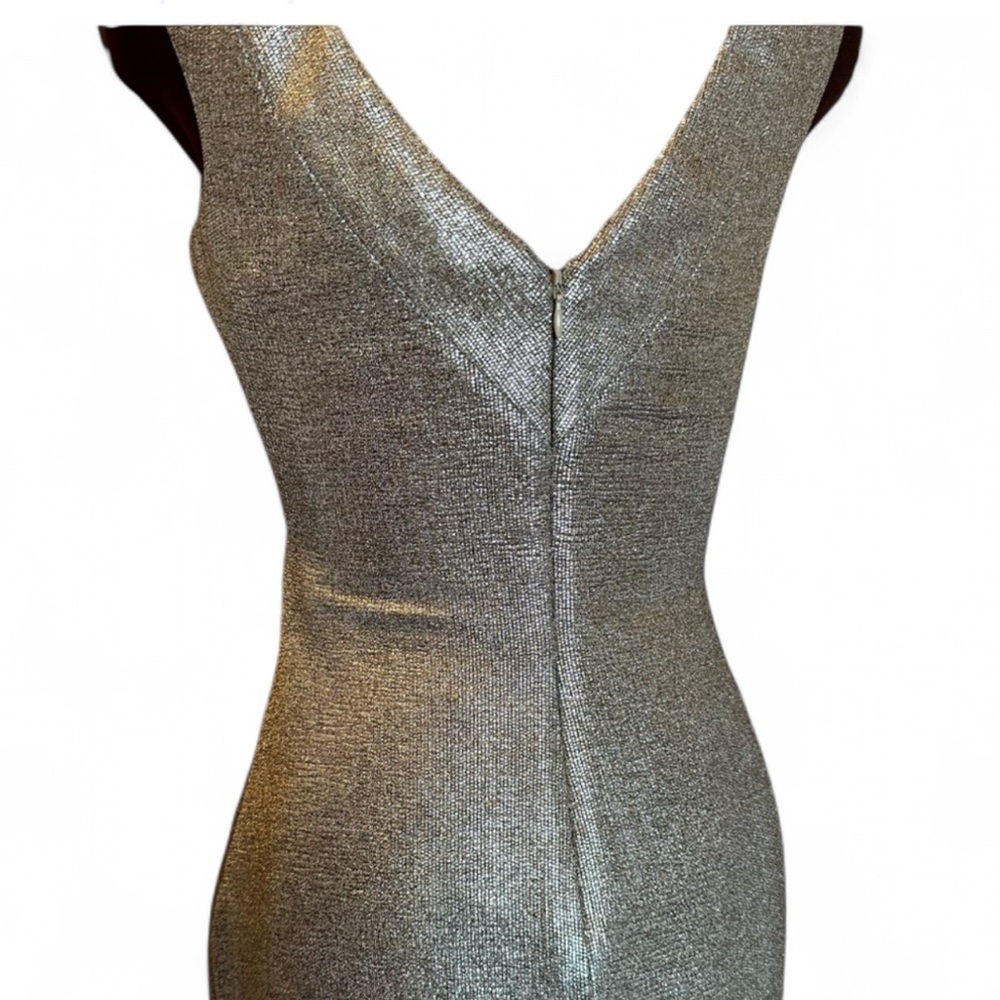 Lauren Ralph Lauren Metallic Silver Draped V Neck Maxi Gown Ruched Bodycon 14 - Picture 2 of 9